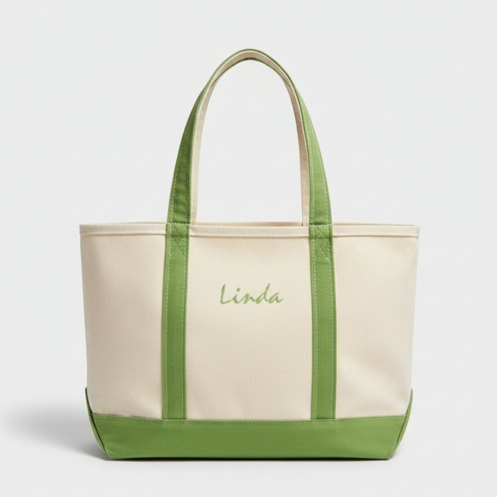 L.L. Bean Boat & Tote Medium Long Handle Spring  Floral Green Canvas Bag Classic